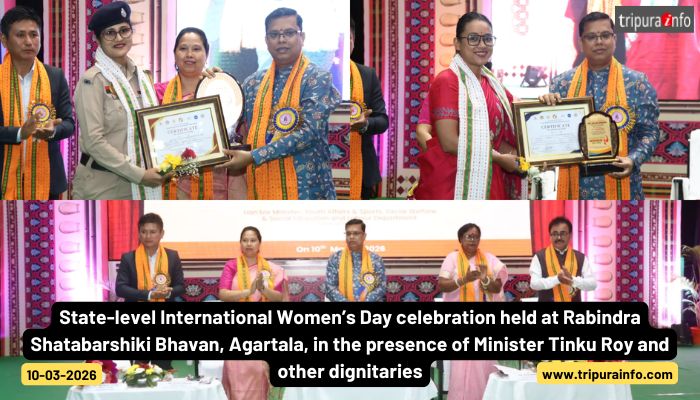 State-level International Women’s Day celebration held at Rabindra Shatabarshiki Bhavan, Agartala, in the presence of Minister Tinku Roy and other dignitaries.