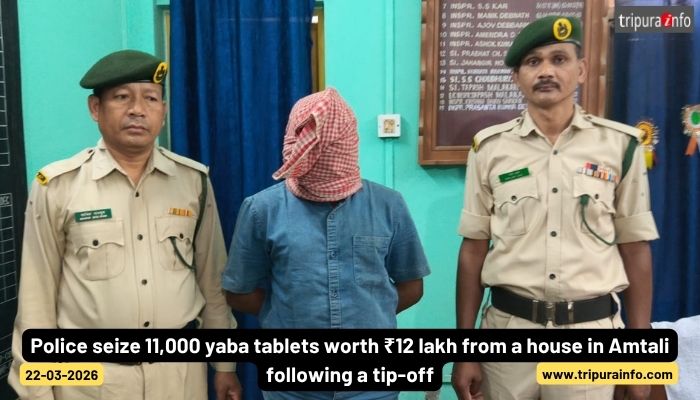 Police seize 11,000 yaba tablets worth ₹12 lakh from a house in Amtali following a tip-off.
