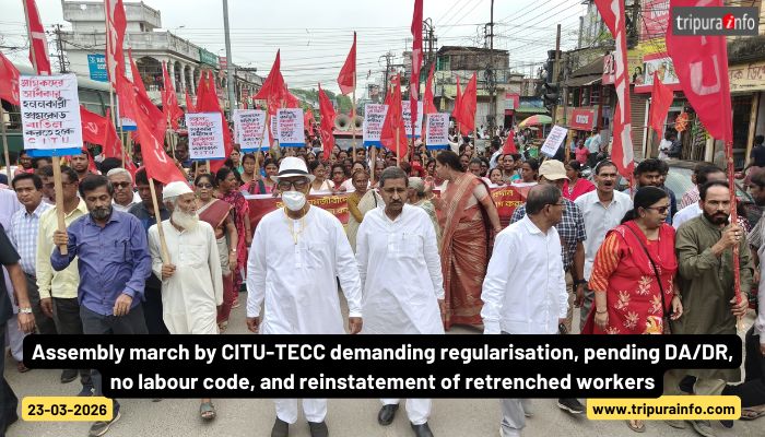 Assembly march by CITU-TECC demanding regularisation, pending DA/DR, no labour code, and reinstatement of retrenched workers.