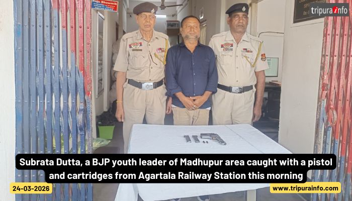 Subrata Dutta, a BJP youth leader of Madhupur area caught with a pistol and cartridges from Agartala Railway Station this morning.