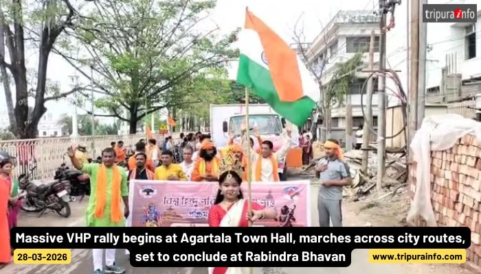 Massive VHP rally begins at Agartala Town Hall, marches across city routes, set to conclude at Rabindra Bhavan.