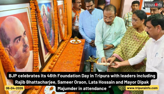 BJP celebrates its 46th Foundation Day in Tripura with leaders including Rajib Bhattacharjee, Sameer Oraon, Lata Hossain and Mayor Dipak Majumder in attendance.