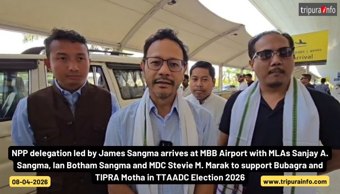 NPP delegation led by James Sangma arrives at MBB Airport with MLAs Sanjay A. Sangma, Ian Botham Sangma and MDC Stevie M. Marak to support Bubagra and TIPRA Motha in TTAADC Election 2026.