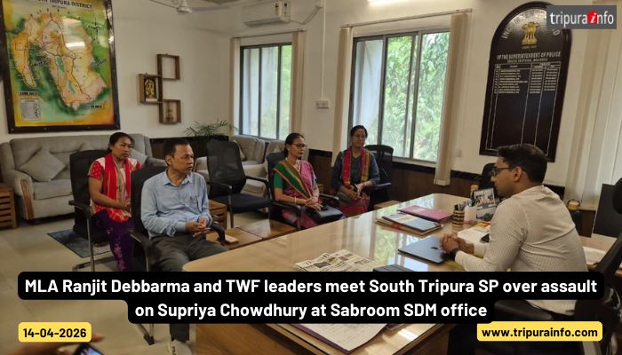 MLA Ranjit Debbarma and TWF leaders meet South Tripura SP over assault on Supriya Chowdhury at Sabroom SDM office.