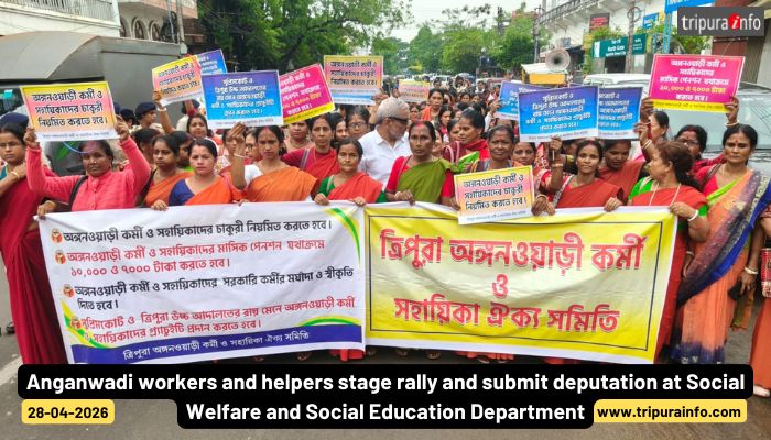 Anganwadi workers and helpers stage rally and submit deputation at Social Welfare and Social Education Department.