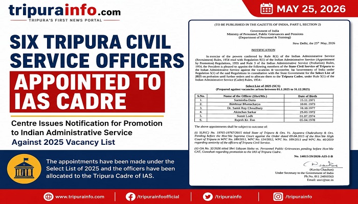 Six Tripura Civil Service Officers Appointed to IAS Cadre Against 2025 Vacancy List