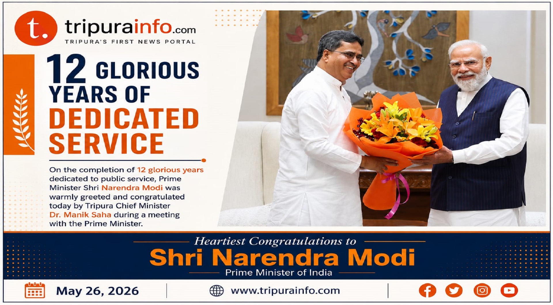 On the completion of 12 glorious years dedicated to public service, Narendra Modi was warmly greeted and congratulated today by Manik Saha during a meeting with the Prime Minister.