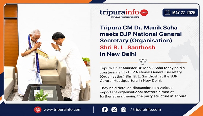 Manik Saha today paid a courtesy visit to BJP National General Secretary (Organisation) B. L. Santhosh at the BJP Central Headquarters in New Delhi. They held detailed discussions on various important organisational matters aimed at further strengthening the party structure in Tripura.