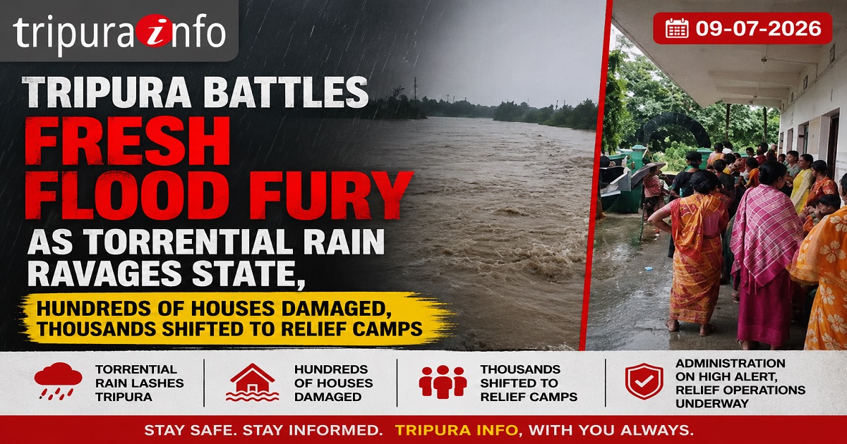 Tripura Battles Fresh Flood Fury as Torrential Rain Ravages State, Hundreds of Houses Damaged, Thousands Shifted to Relief Camps