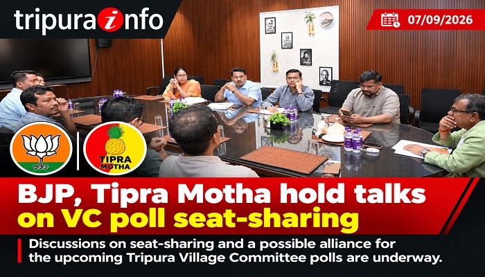 BJP–Tipra Motha Talks Held September 6 Night: Discussions on seat-sharing and a possible alliance for the upcoming Tripura Village Committee polls are underway.