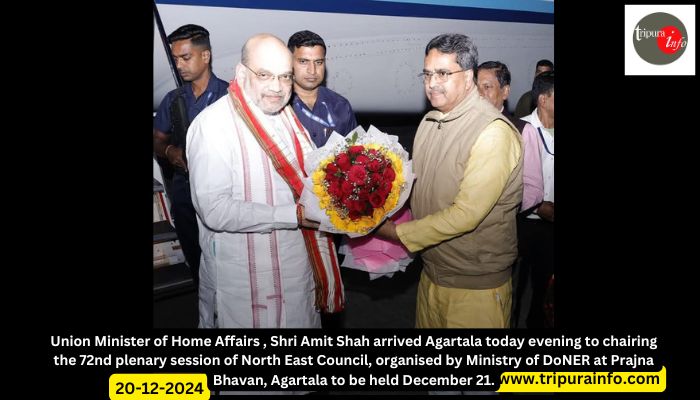 Union Minister of Home Affairs , Shri Amit Shah arrived Agartala today evening to chairing the 72nd plenary session of North East Council, organised by Ministry of DoNER at Prajna Bhavan, Agartala to be held December 21.