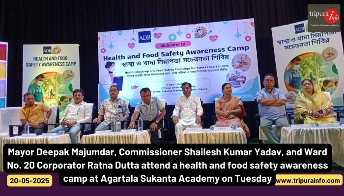 Mayor Deepak Majumdar, Commissioner Shailesh Kumar Yadav, and Ward No. 20 Corporator Ratna Dutta attend a health and food safety awareness camp at Agartala Sukanta Academy on Tuesday