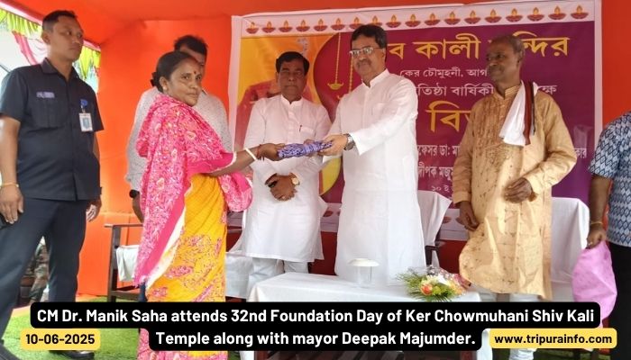 CM Dr. Manik Saha attends 32nd Foundation Day of Ker Chowmuhani Shiv Kali Temple along with mayor Deepak Majumder.