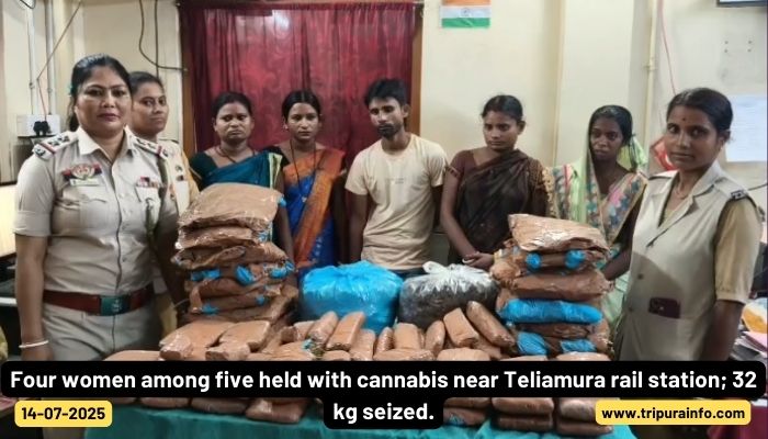 Four women among five held with cannabis near Teliamura rail station; 32 kg seized.