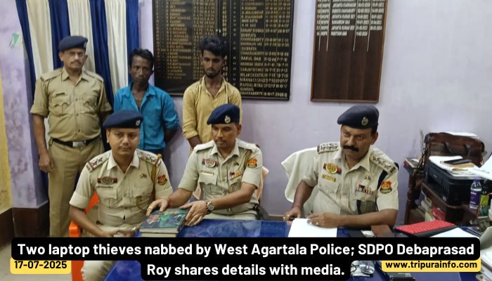 Two laptop thieves nabbed by West Agartala Police; SDPO Debaprasad Roy shares details with media.