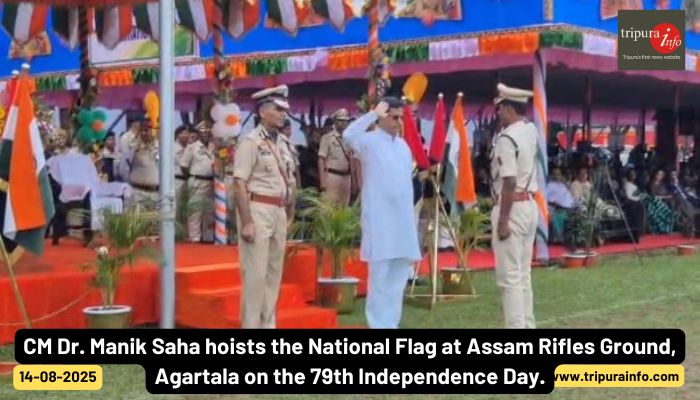 CM Dr. Manik Saha hoists the National Flag at Assam Rifles Ground, Agartala on the 79th Independence Day.