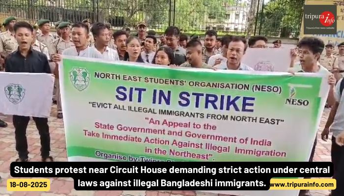 Students protest near Circuit House demanding strict action under central laws against illegal Bangladeshi immigrants.