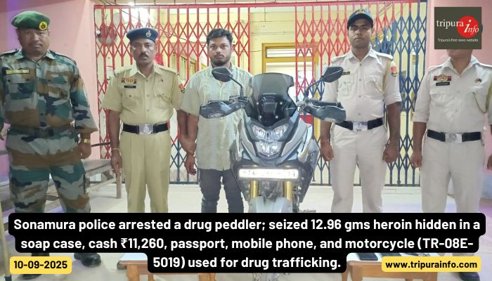 Sonamura police arrested a drug peddler; seized 12.96 gms heroin hidden in a soap case, cash ₹11,260, passport, mobile phone, and motorcycle (TR-08E-5019) used for drug trafficking.