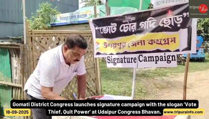 Gomati District Congress launches signature campaign with the slogan ‘Vote Thief, Quit Power’ at Udaipur Congress Bhavan.
