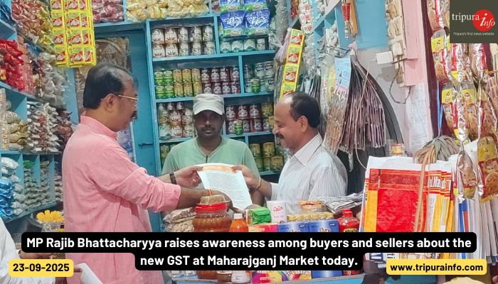 MP Rajib Bhattacharyya raises awareness among buyers and sellers about the new GST at Maharajganj Market today.