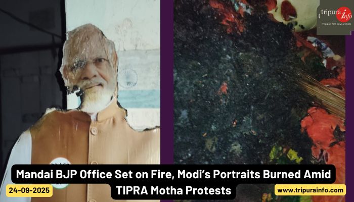 Mandai BJP Office Set on Fire, Modi’s Portraits Burned Amid TIPRA Motha Protests