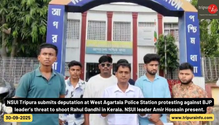 NSUI Tripura submits deputation at West Agartala Police Station protesting against BJP leader’s threat to shoot Rahul Gandhi in Kerala. NSUI leader Amir Hossain present.