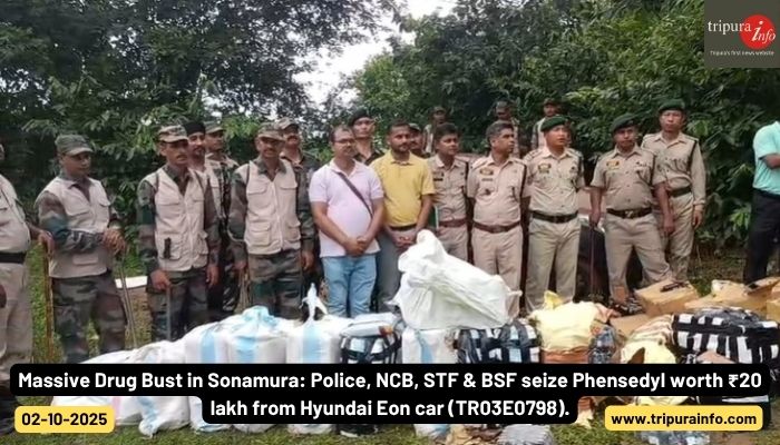 Massive Drug Bust in Sonamura: Police, NCB, STF & BSF seize Phensedyl worth ₹20 lakh from Hyundai Eon car (TR03E0798).
