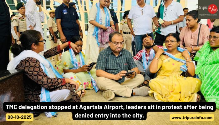 TMC delegation stopped at Agartala Airport, leaders sit in protest after being denied entry into the city.