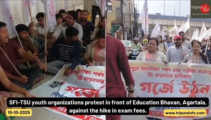 SFI-TSU youth organizations protest in front of Education Bhavan, Agartala, against the hike in exam fees.