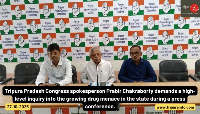 Tripura Pradesh Congress spokesperson Prabir Chakraborty demands a high-level inquiry into the growing drug menace in the state during a press conference.