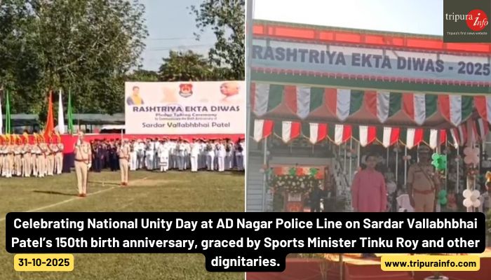 Celebrating National Unity Day at AD Nagar Police Line on Sardar Vallabhbhai Patel’s 150th birth anniversary, graced by Sports Minister Tinku Roy and other dignitaries.