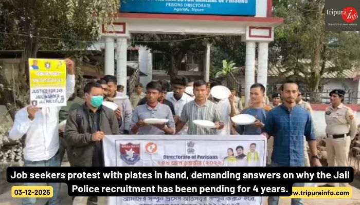 Job seekers protest with plates in hand, demanding answers on why the Jail Police recruitment has been pending for 4 years.