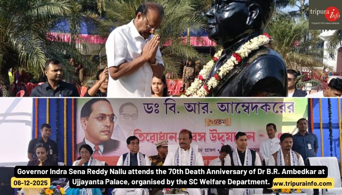 Governor Indra Sena Reddy Nallu attends the 70th Death Anniversary of Dr B.R. Ambedkar at Ujjayanta Palace, organised by the SC Welfare Department.