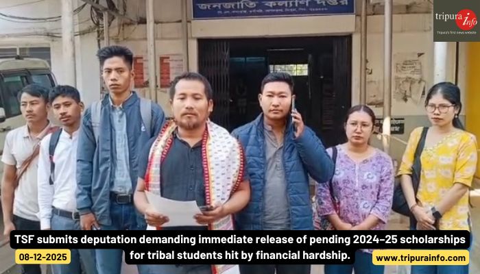 TSF submits deputation demanding immediate release of pending 2024–25 scholarships for tribal students hit by financial hardship.