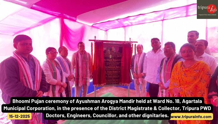 Bhoomi Pujan ceremony of Ayushman Arogya Mandir held at Ward No. 18, Agartala Municipal Corporation, in the presence of the District Magistrate & Collector, Tripura PWD Doctors, Engineers, Councillor, and other dignitaries.