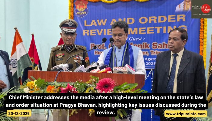 Chief Minister addresses the media after a high-level meeting on the state’s law and order situation at Pragya Bhavan, highlighting key issues discussed during the review.