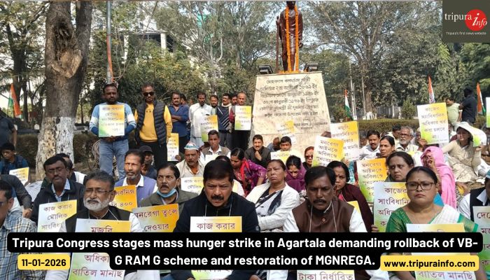 Tripura Congress stages mass hunger strike in Agartala demanding rollback of VB-G RAM G scheme and restoration of MGNREGA.