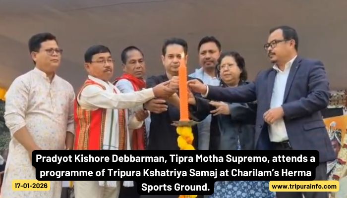 Pradyot Kishore Debbarman, Tipra Motha Supremo, attends a programme of Tripura Kshatriya Samaj at Charilam’s Herma Sports Ground.