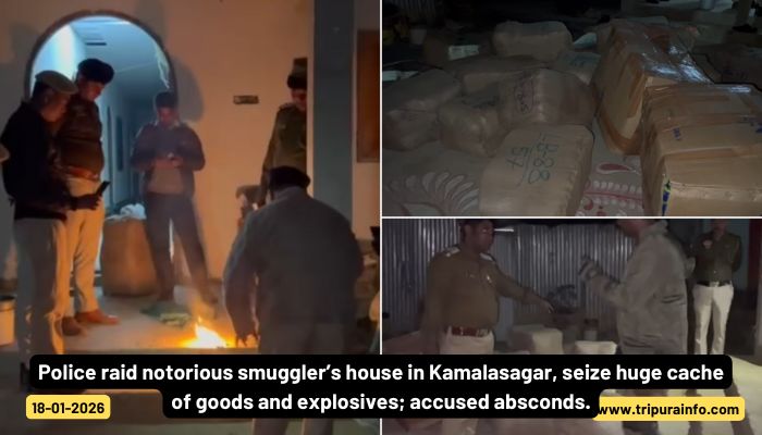 Police raid notorious smuggler’s house in Kamalasagar, seize huge cache of goods and explosives; accused absconds.