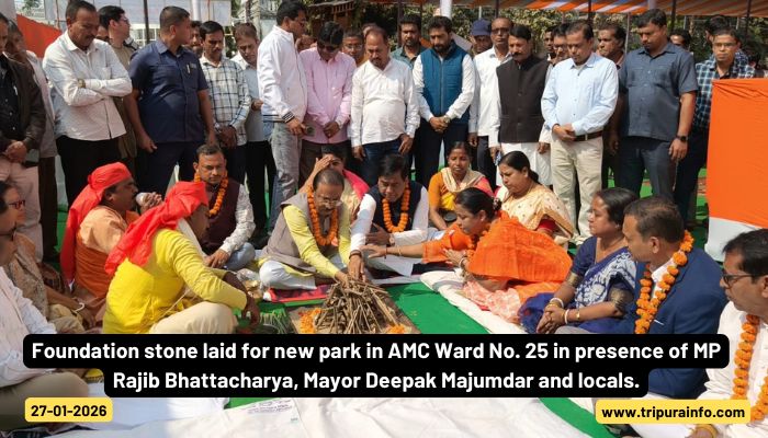 Foundation stone laid for new park in AMC Ward No. 25 in presence of MP Rajib Bhattacharya, Mayor Deepak Majumdar and locals.