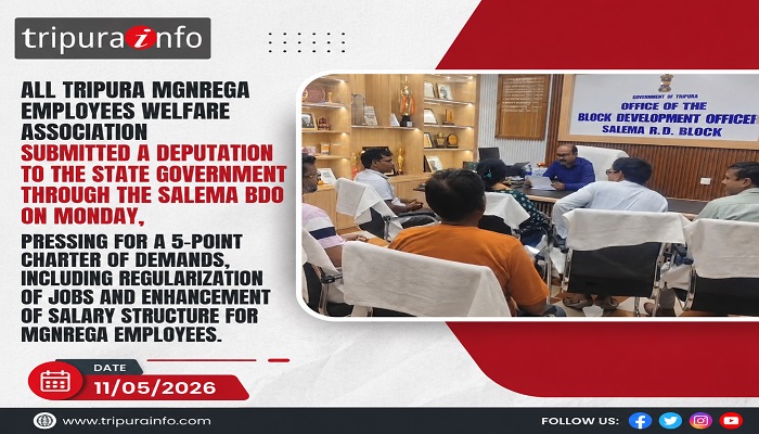 All Tripura MGNREGA Employees Welfare Association submitted a deputation to the state government through the Salema BDO on Monday, pressing for a 5-point charter of demands, including regularization of jobs and enhancement of salary structure for MGNREGA employees.