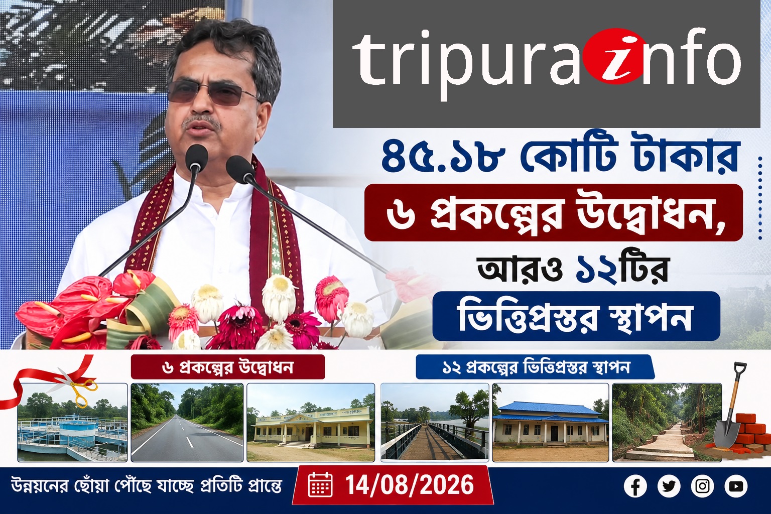 উনকোটিতে ৪৫.১৮ কোটি টাকার ৬ প্রকল্পের উদ্বোধন, আরও ১২টির ভিত্তিপ্রস্তর স্থাপন