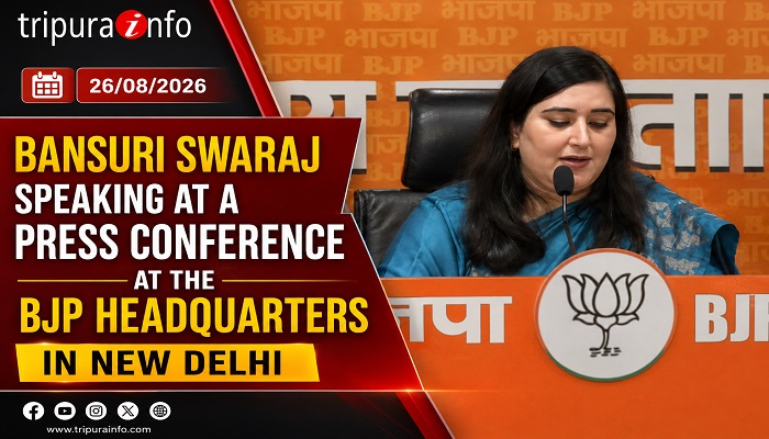 Bansuri Swaraj speaking at a press conference at the BJP headquarters in New Delhi