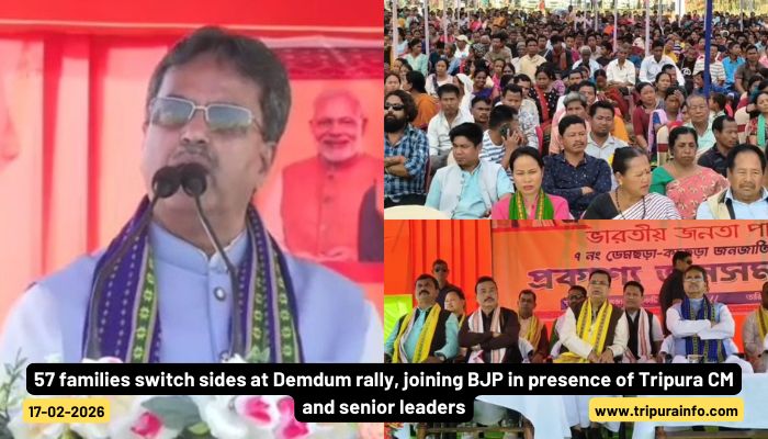 57 families switch sides at Demdum rally, joining BJP in presence of Tripura CM and senior leaders.