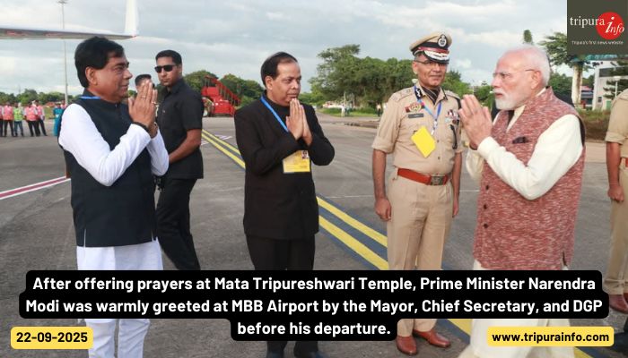 After offering prayers at Mata Tripureshwari Temple, Prime Minister Narendra Modi was warmly greeted at MBB Airport by the Mayor, Chief Secretary, and DGP before his departure.