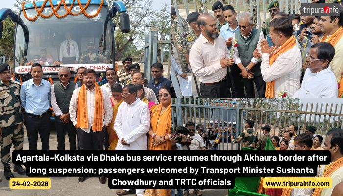 Agartala–Kolkata via Dhaka bus service resumes through Akhaura border after long suspension; passengers welcomed by Transport Minister Sushanta Chowdhury and TRTC officials.