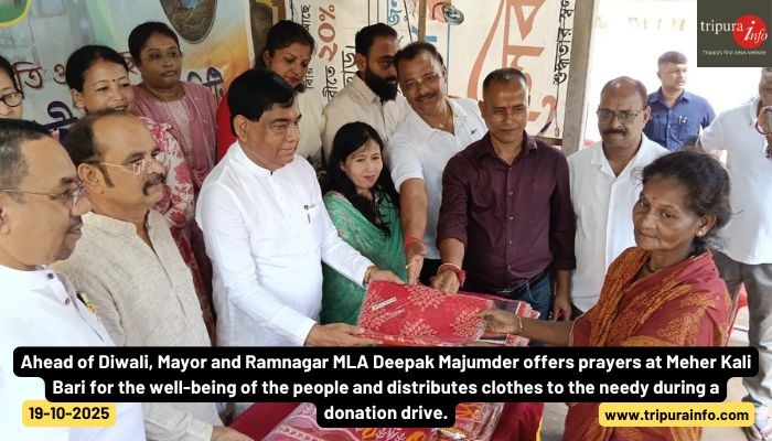 Ahead of Diwali, Mayor and Ramnagar MLA Deepak Majumder offers prayers at Meher Kali Bari for the well-being of the people and distributes clothes to the needy during a donation drive.