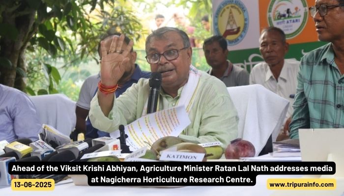 Ahead of the Viksit Krishi Abhiyan, Agriculture Minister Ratan Lal Nath addresses media at Nagicherra Horticulture Research Centre.