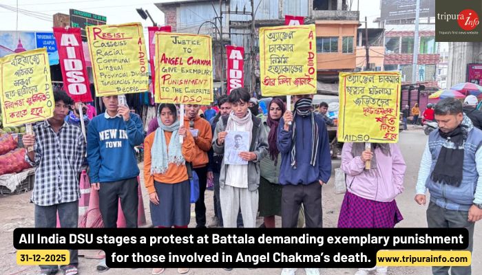 All India DSU stages a protest at Battala demanding exemplary punishment for those involved in Angel Chakma’s death.