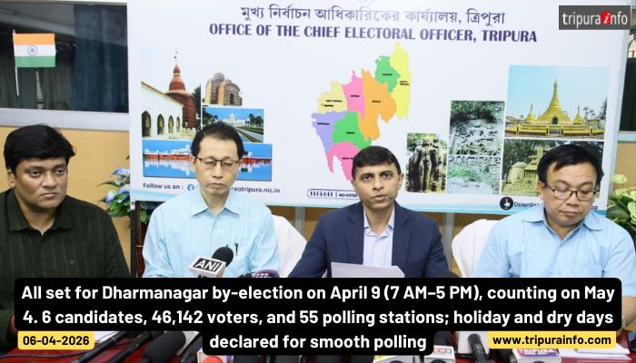 All set for Dharmanagar by-election on April 9 (7 AM–5 PM), counting on May 4. 6 candidates, 46,142 voters, and 55 polling stations; holiday and dry days declared for smooth polling.